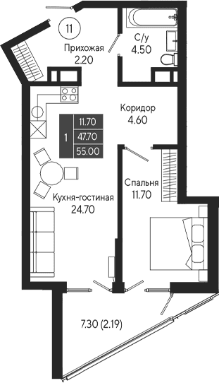 1-комн., 47.7 м²