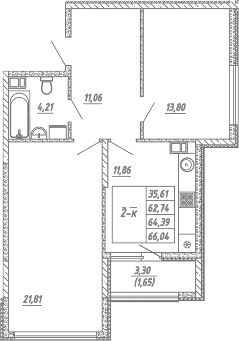 2-комн., 62.74 м²