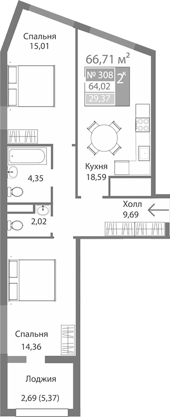 2-комн., 64.02 м²