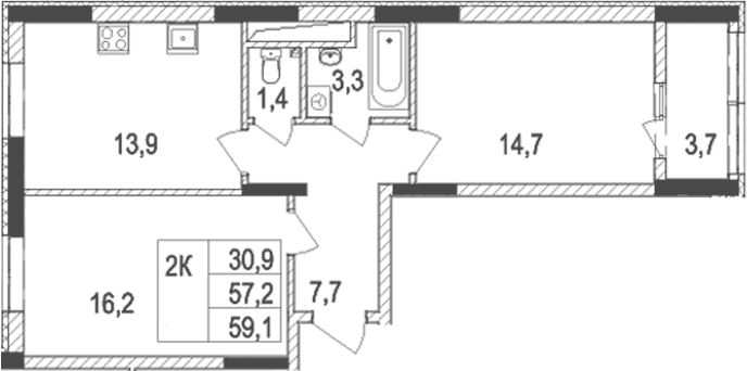 2-комн., 57.2 м²