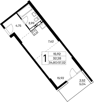 Студия, 34.8 м²