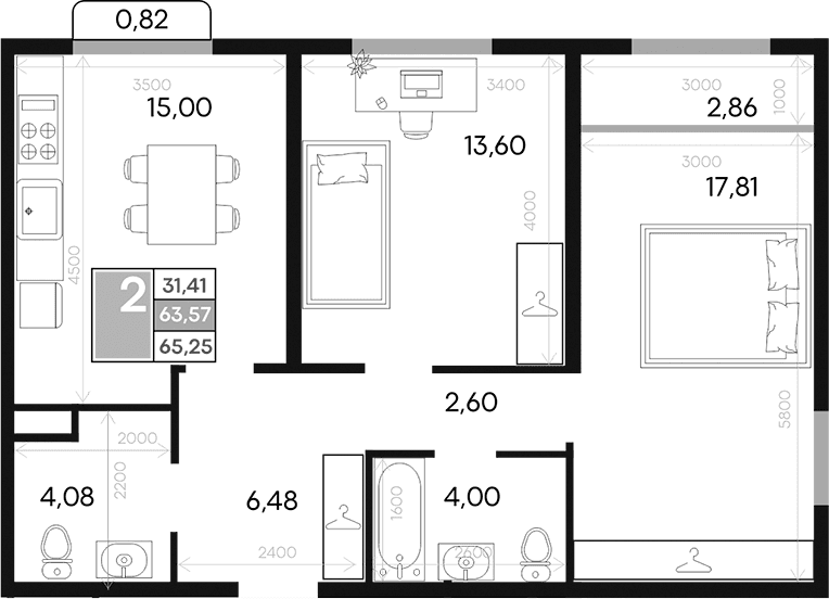 2-комн., 63.56 м²