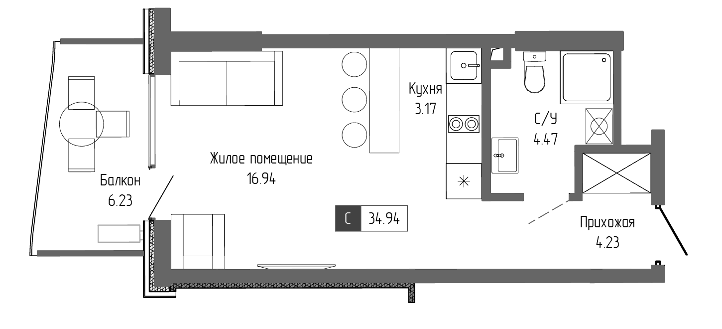 Студия, 28.71 м²
