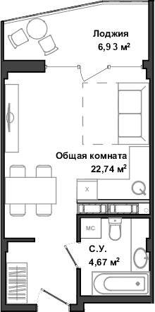Студия, 27.41 м²