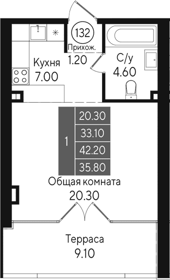 Студия, 33.1 м²