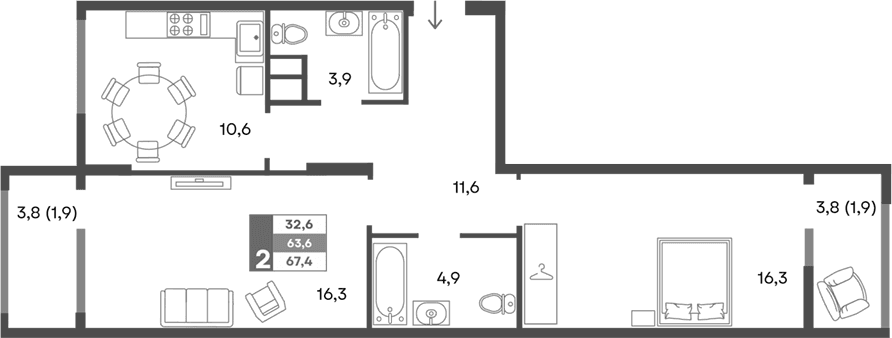 2-комн., 63.6 м²