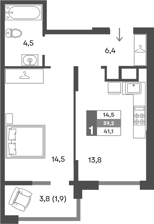 1-комн., 39.2 м²