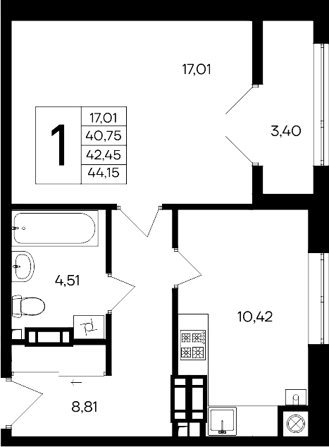 1-комн., 40.75 м²