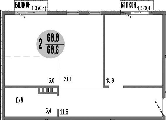 2-комн., 60 м²