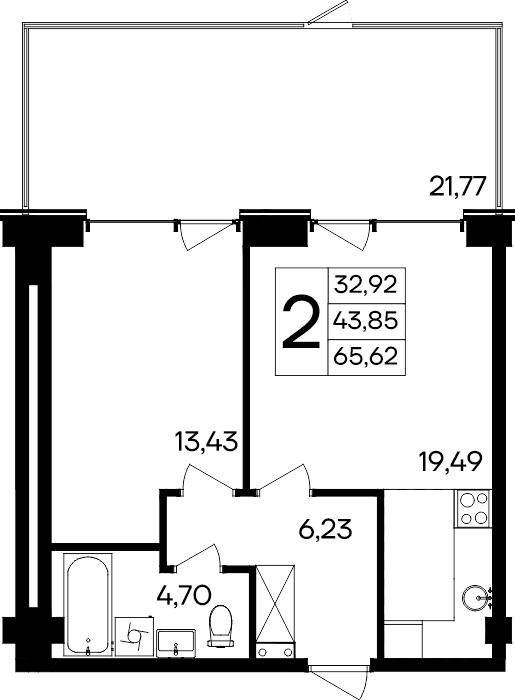 1-комн., 43.85 м²