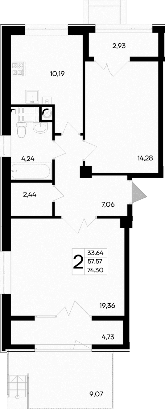 2-комн., 57.57 м²