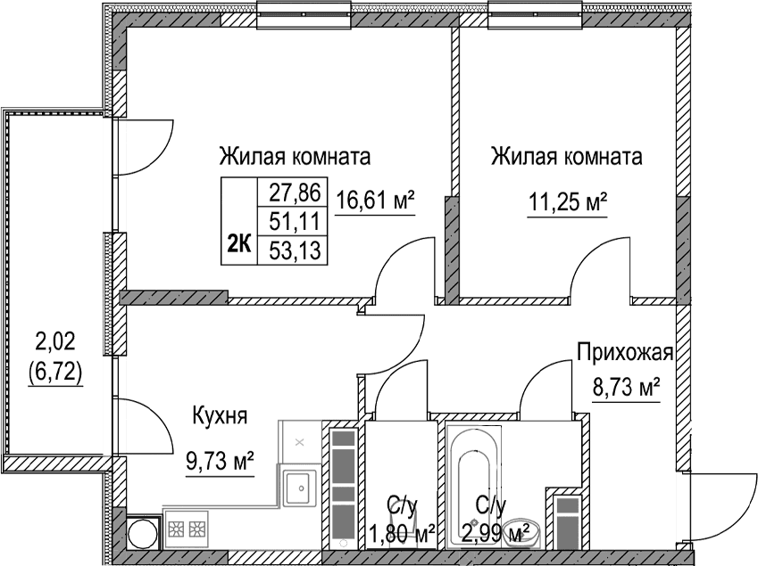 2-комн., 51.11 м²