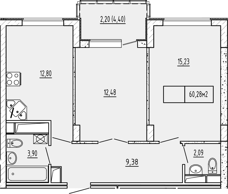 2-комн., 55.88 м²