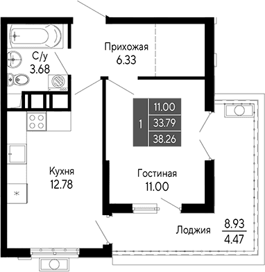 1-комн., 33.79 м²