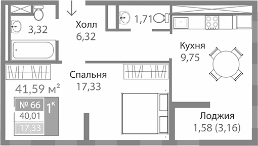 1-комн., 38.43 м²
