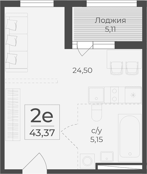 Студия, 38.26 м²