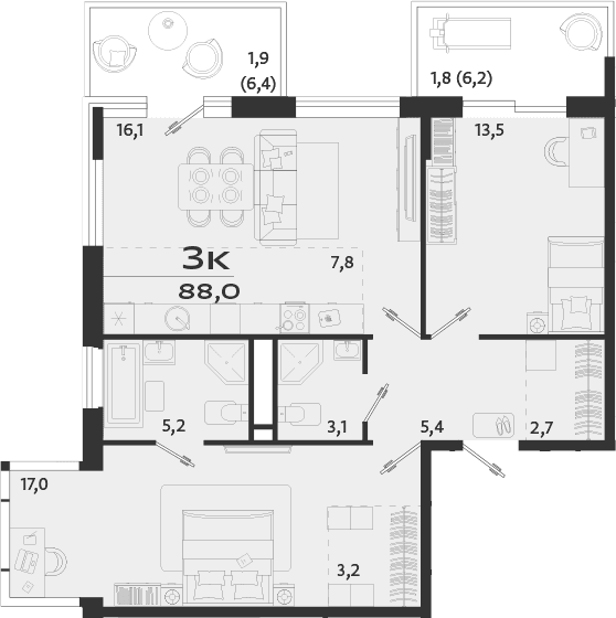 2-комн., 75.4 м²