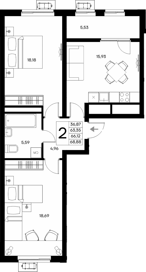 2-комн., 63.35 м²