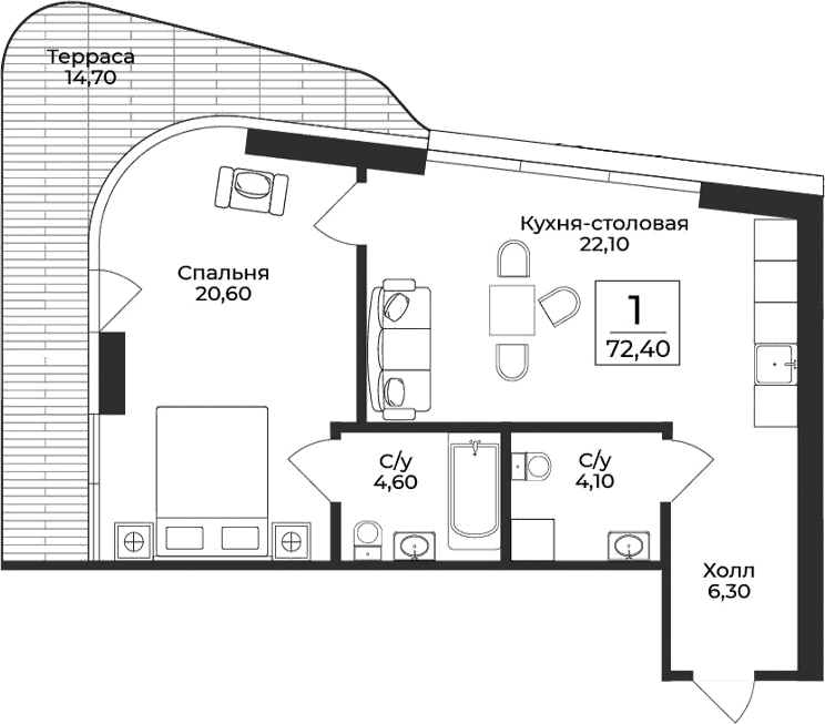 1-комн., 57.7 м²