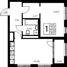 1-комн., 51.41 м²