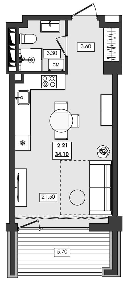 Студия, 28.4 м²