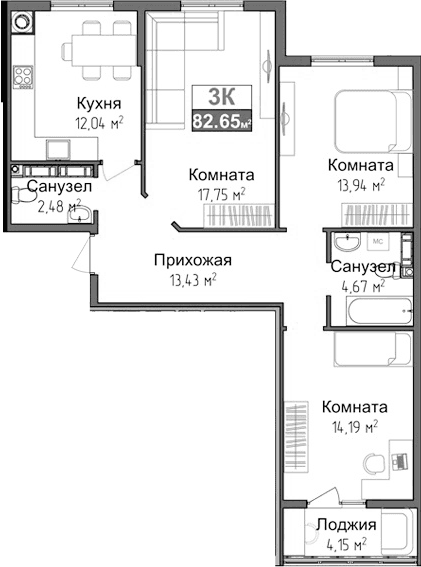 3-комн., 76.54 м²