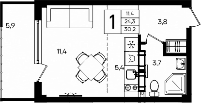 Студия, 24.3 м²