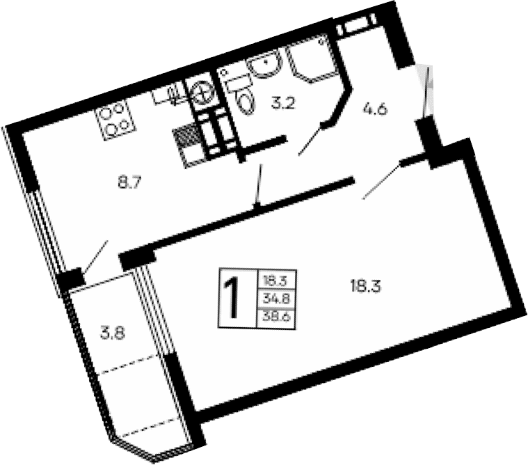 1-комн., 34.8 м²