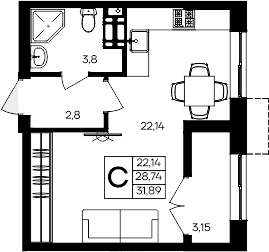 Студия, 28.74 м²