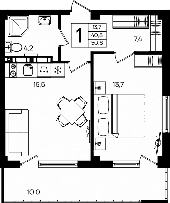 1-комн., 40.8 м²