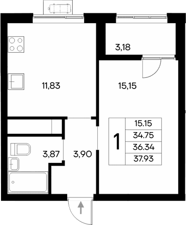 1-комн., 34.75 м²