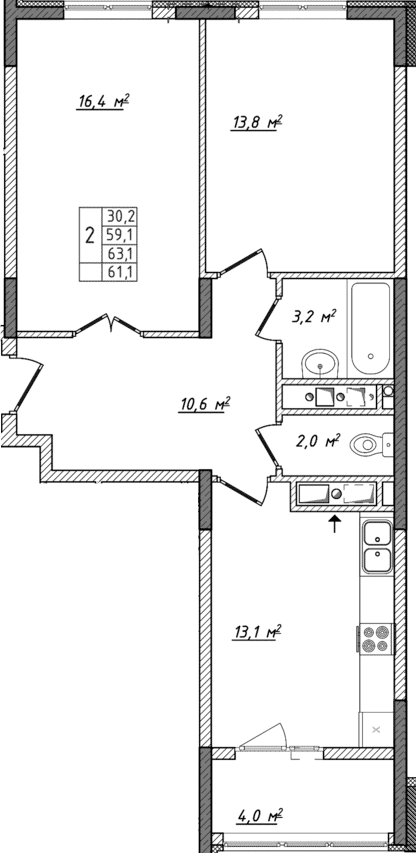 2-комн., 59.1 м²