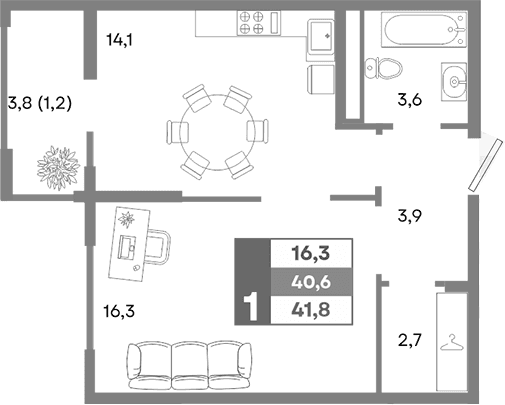 1-комн., 40.6 м²