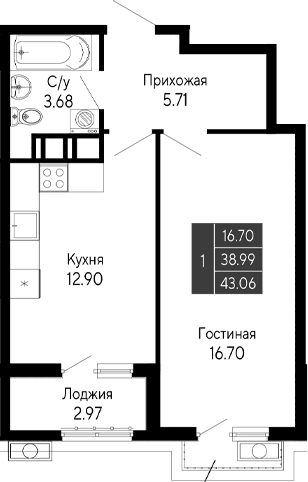 1-комн., 38.99 м²