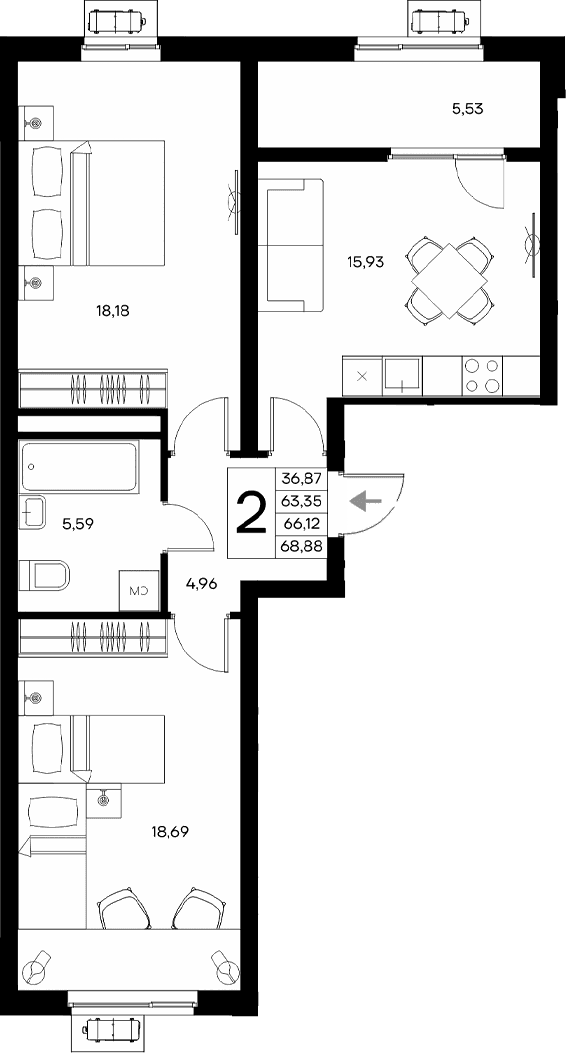 2-комн., 63.35 м²