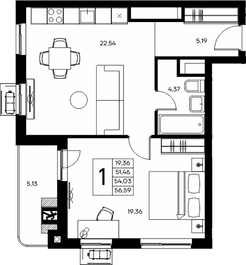 1-комн., 51.46 м²