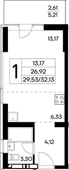 Студия, 29.52 м²