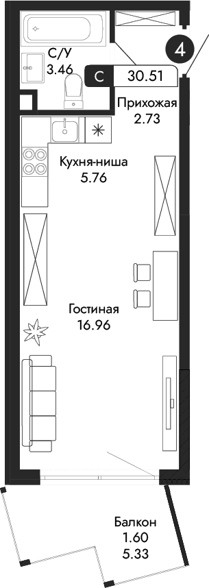Студия, 28.91 м²