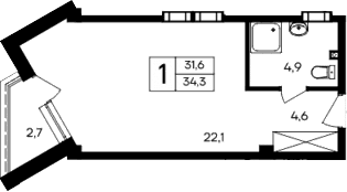 Студия, 31.6 м²