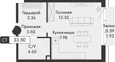 Студия, 32.91 м²