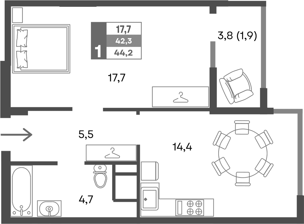 1-комн., 42.3 м²