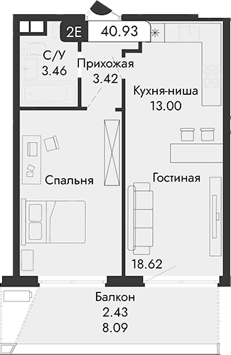 2-комн., 38.5 м²