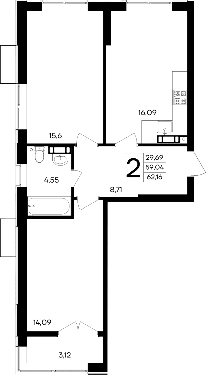 2-комн., 59.04 м²