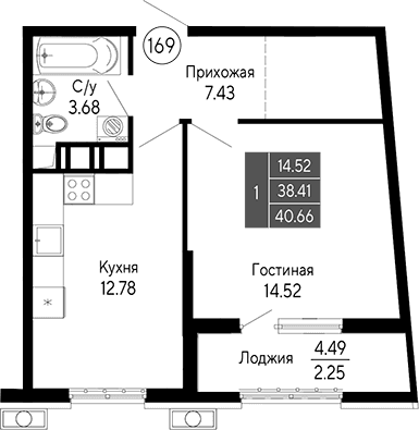 1-комн., 38.41 м²