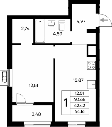 1-комн., 40.68 м²