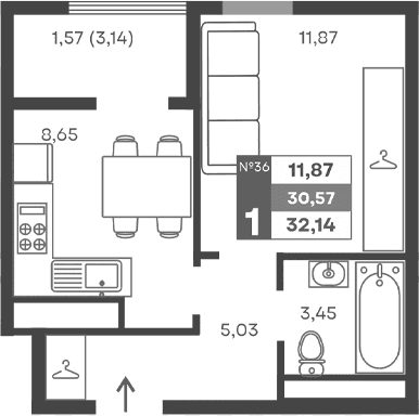 1-комн., 29 м²