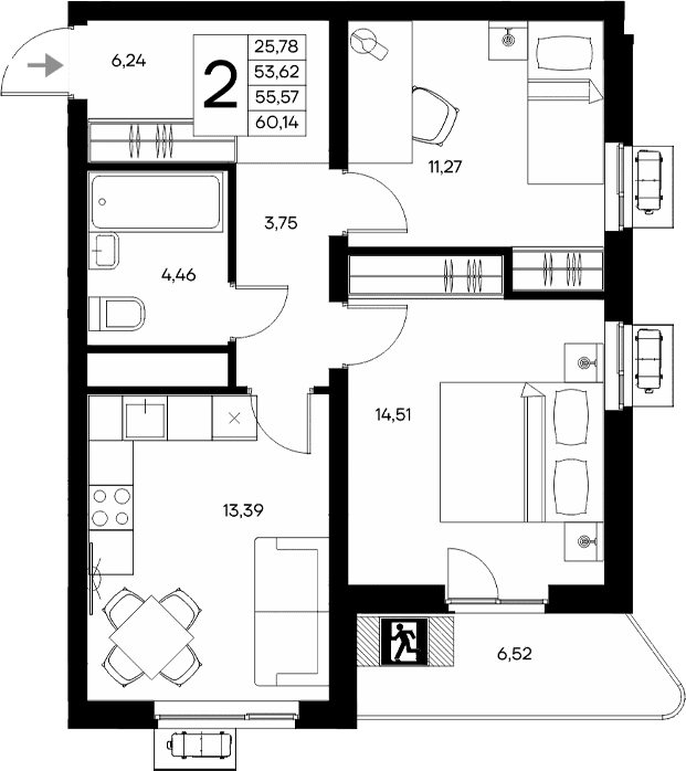 2-комн., 53.62 м²