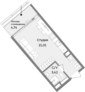 Студия, 24.43 м²