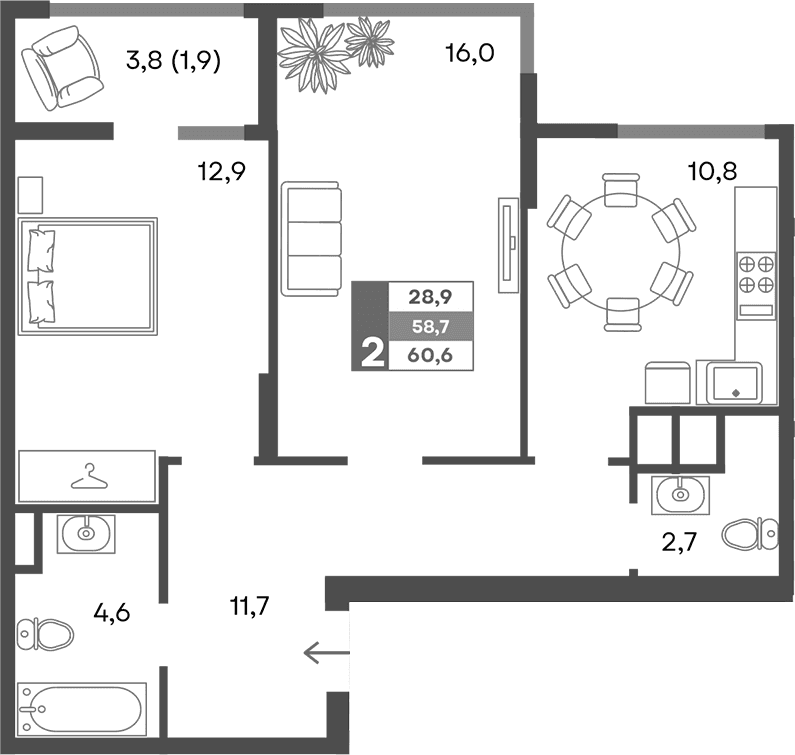 2-комн., 58.7 м²