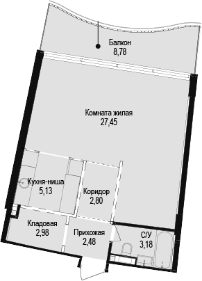 Студия, 44.02 м²
